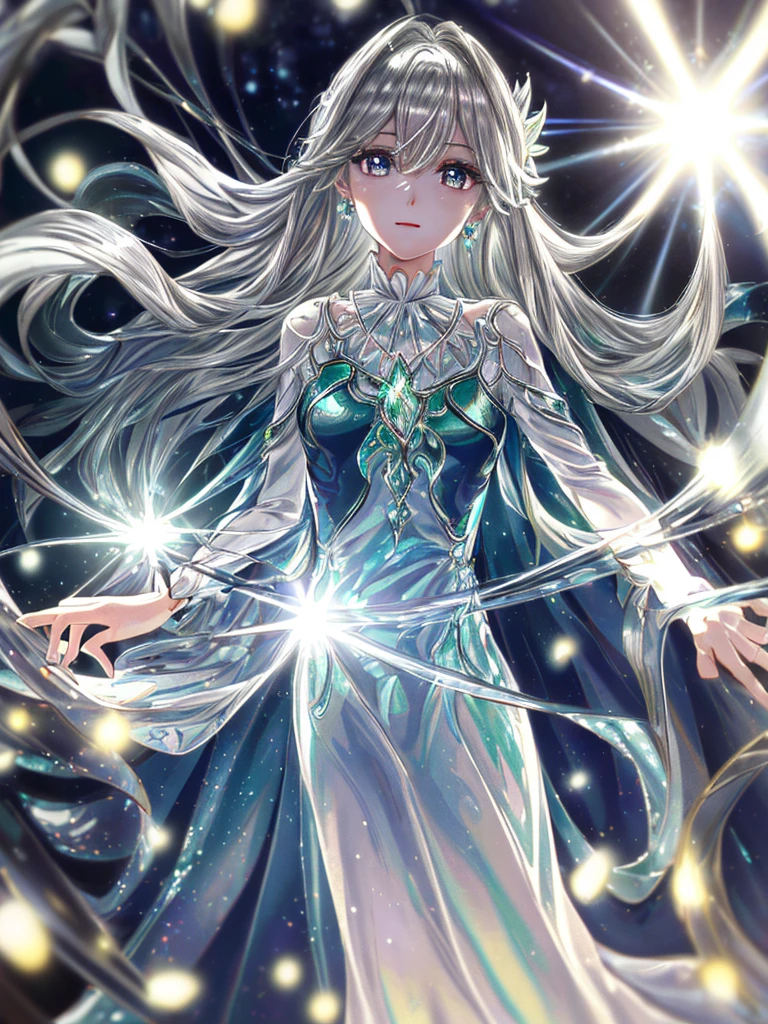 masterpiece, highest quality, figure, alexandrite eyes and hair, platinum earrings, Platinum Necklace, white dress, The Little Mermaid, cute, (dynamic lighting:1.2), cinematic lighting, delicate features, fine eyes, sharp pupils, realistic student, Depth of bounds written, Bokeh, sharp focus, (very detailed, bloom, shine:1.4), Many Small Gems