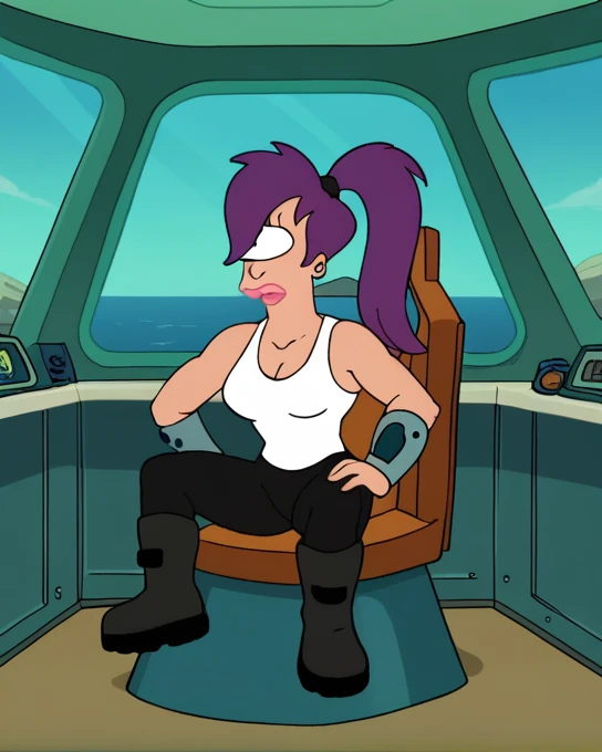 score_9, score_8_up, score_7_up, zPDXL, Leela, purple hair, one-eyed, cyclops, circle eyes, overbite, dot pupil, closes mouth, source_cartoon, futuramastyle, 1girl, solo, long hair, ponytail, makeup, parody, lipstick, interior spacecraftfull body, in space ship, sitting on captain chair,