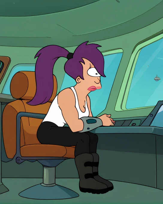 score_9, score_8_up, score_7_up, zPDXL, Leela, purple hair, one-eyed, cyclops, circle eyes, overbite, dot pupil, closes mouth, source_cartoon, futuramastyle, 1girl, solo, long hair, ponytail, makeup, parody, lipstick, interior spacecraftfull body, in space ship, sitting on captain chair, 