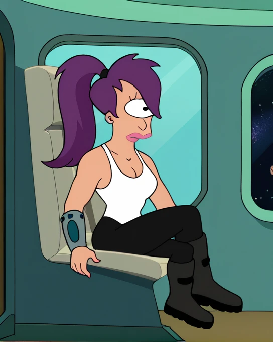 score_9, score_8_up, score_7_up, zPDXL, Leela, purple hair, one-eyed, cyclops, circle eyes, overbite, dot pupil, closes mouth, source_cartoon, futuramastyle, 1girl, solo, long hair, ponytail, makeup, parody, lipstick, interior spacecraftfull body, in space ship, sitting on captain chair, 