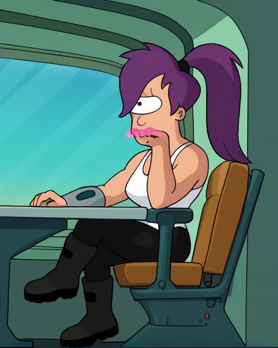 score_9, score_8_up, score_7_up, zPDXL, Leela, purple hair, one-eyed, cyclops, circle eyes, overbite, dot pupil, closes mouth, source_cartoon, futuramastyle, 1girl, solo, long hair, ponytail, makeup, parody, lipstick, interior spacecraftfull body, in space ship, sitting on captain chair, 