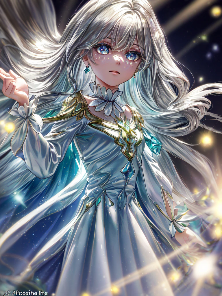 masterpiece, highest quality, figure, alexandrite eyes and hair, platinum earrings, Platinum Necklace, white dress, The Little Mermaid, cute, (dynamic lighting:1.2), cinematic lighting, delicate features, fine eyes, sharp pupils, realistic student, Depth of bounds written, Bokeh, sharp focus, (very detailed, bloom, shine:1.4), Many Small Gems