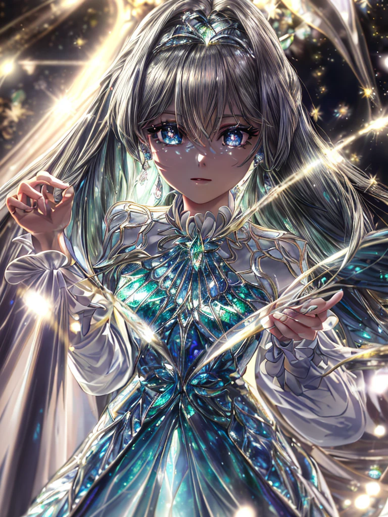 masterpiece, highest quality, figure, alexandrite eyes and hair, platinum earrings, Platinum Necklace, white dress, The Little Mermaid, cute, (dynamic lighting:1.2), cinematic lighting, delicate features, fine eyes, sharp pupils, realistic student, Depth of bounds written, Bokeh, sharp focus, (very detailed, bloom, shine:1.4), Many Small Gems