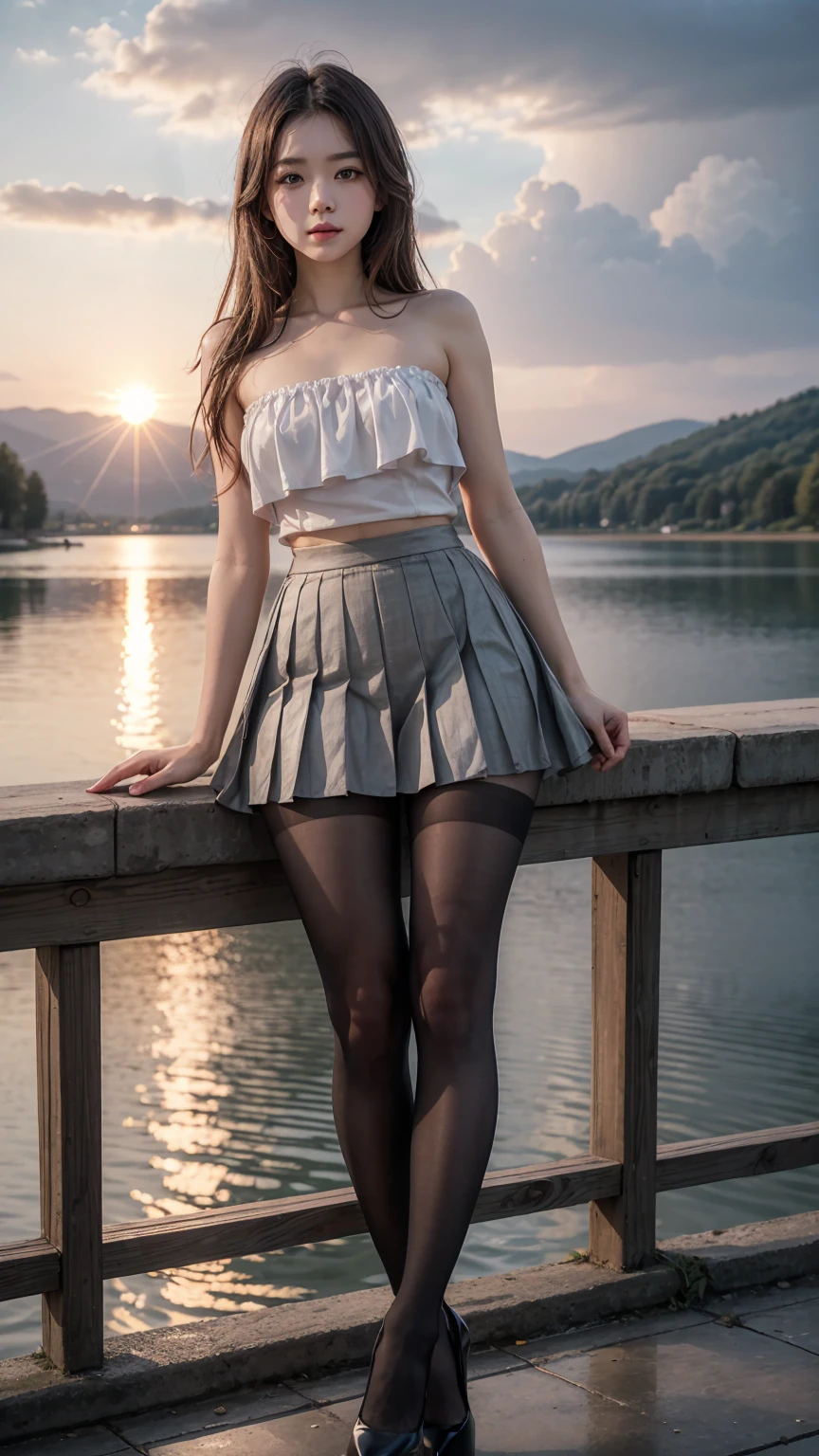 beautiful  adolescente, strapless blouse, tiny pleated skirt, tights, high heels, ray tracing, 4K, best quality, near the lake, sunrise, cloudy sky