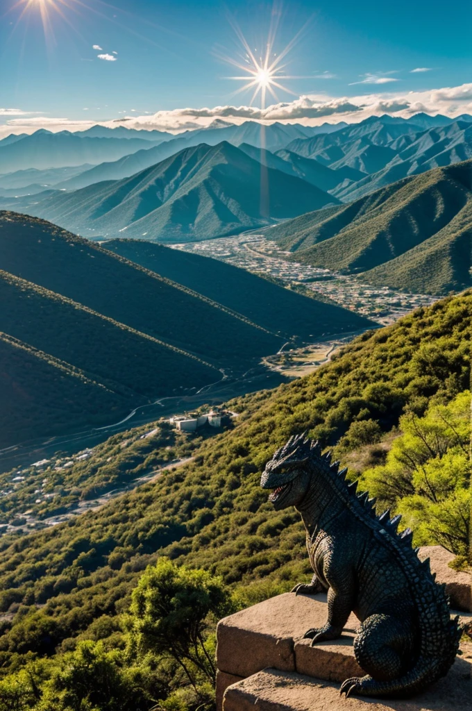 A Godzilla next to the hill of the chair, from Nuevo León, defiantly staring at the bright sun.