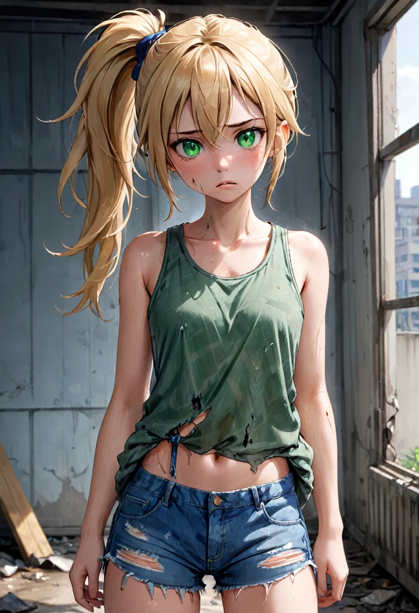 age girl, wiry, lean, dirty, grimy, uneven blonde hair with ponytail, wild, untamed, dull green eyes, tight dirty tank top, oversized flannel shirt, torn denim shorts, (sweating: 0.3)