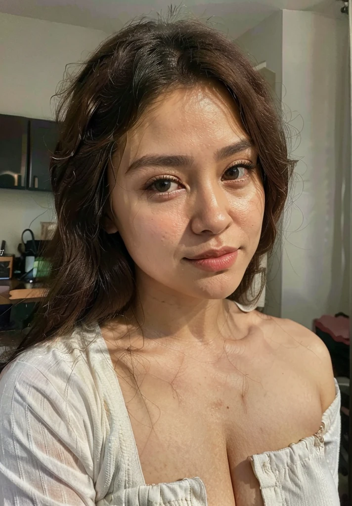 (best quality,8k,highres,masterpiece:1.2), realistic, photorealistic:1.37, UHD, studio lighting, sharp focus, extreme detail description, professional, vivid colors, bokeh, portraits, extremely detailed face texture, beautiful detailed eyes, beautiful detailed lips, extremely detailed hair, dark colored hair, youthful appearance, big round breast, cleavage, proportional eyes, seducing smile, clean and natural face, no makeup, bare face, indonesian face,