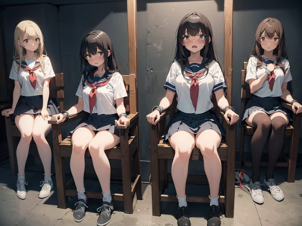 3 girls, strapped to chairs, inside basement, underground,  (bondage chair:1.0), (?????????:1.5), ((blushing, terrified, crying)), wrist cuffs, ankle cuffs, wrists tied, ankles tied, ((tight clothing, short sleeves, sailor uniform, miniskirt, shoeless)), perfect face, detailed eyes, beautiful eyes, big thighs, big ?????, long hair, full body
