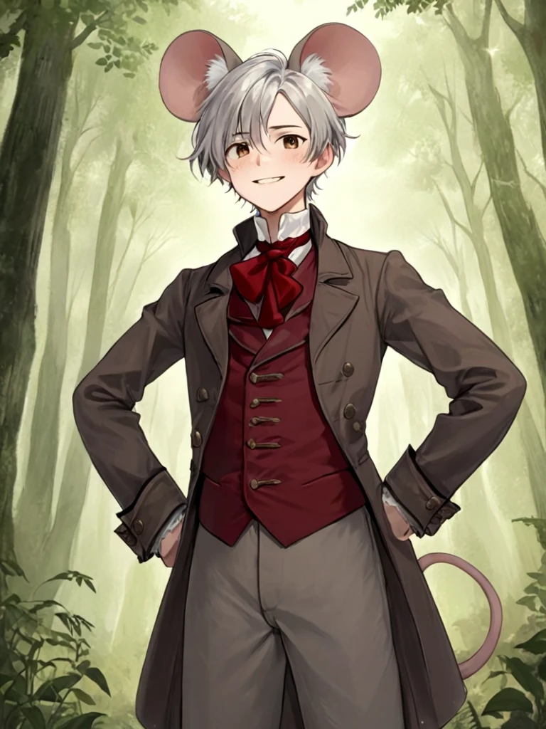 1boy, solo, kemonomimi, Mouse boy, mouse ears, mouse tail, chin length silver hair, brown eyes, young, short, hands on hips, 1840s era clothing, tattered clothing, Frock coat, red cravat, smirking, fair-skinned, looking up at viewer, forest background