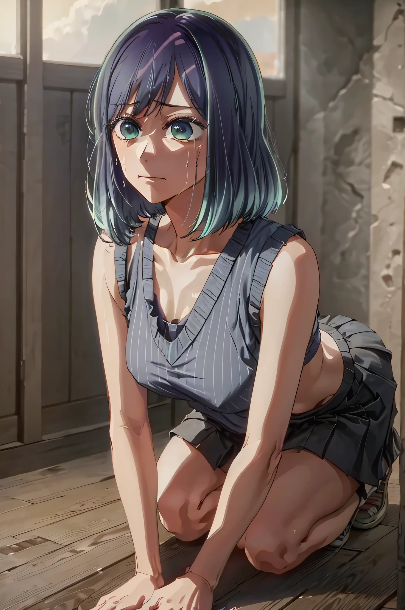 tall body, tall, long legs, mature woman, mature, adult, , eft_oshi_akane, alone, 1 girl, blue hair, looking at viewer, medium hair, bangs, closed mouth, green eyes, multicolored hair, short hair, faded hair, blue eyes, more details XL, The upper part of the body, an oil painting, masterpiece, high quality, high resolution, naughty look, white and gray stripes, very bra, white and gray stripes, panties, folded legs, female face, hot face, a slightly look worried, skin damp with sweat, blue sky, pink tank top, black miniskirt, leaning forward, ????????????, collar on ???????