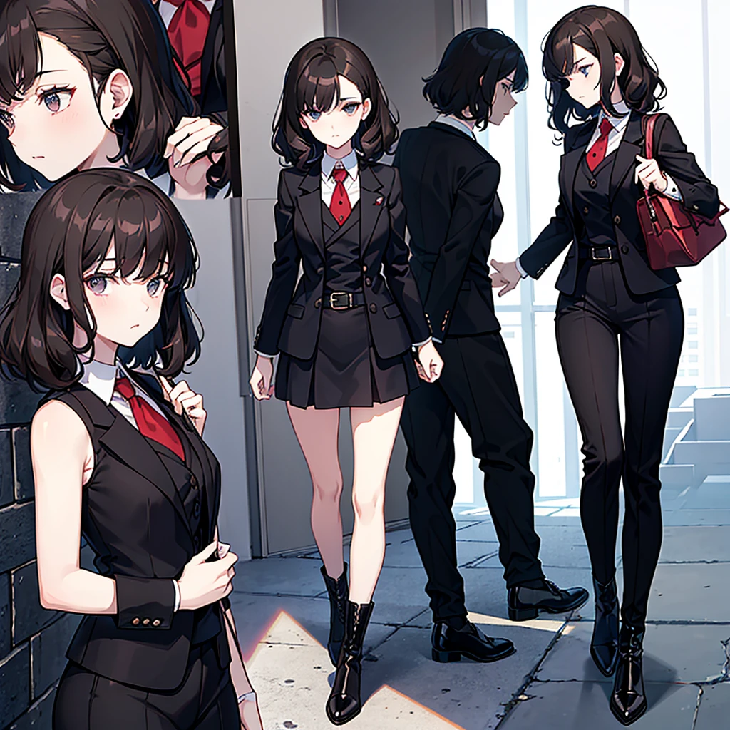 A woman named Marnie. She has short, curly and wavy dark brown hair. She has black eyes. Her personality is calm, blank, introvert. She is wearing dark red suit. She is wearing white boots.
