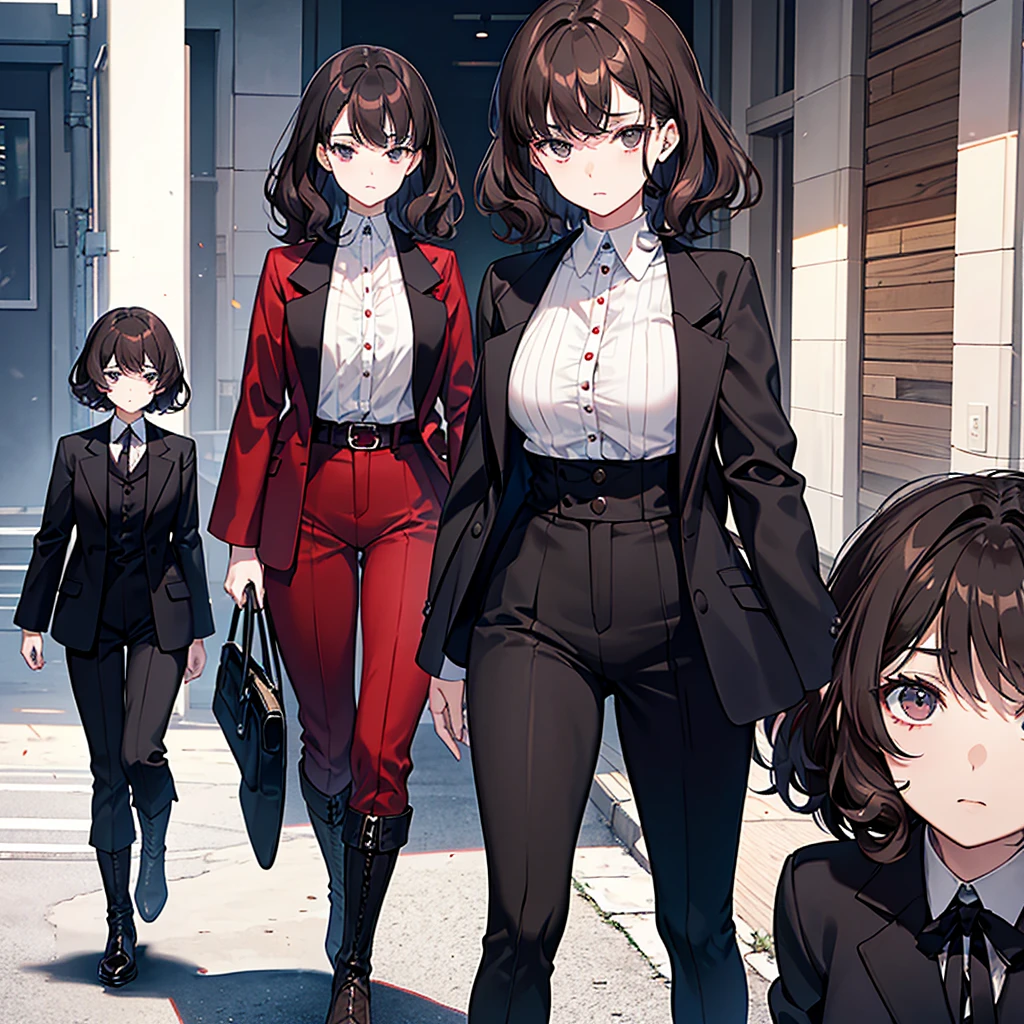 A woman named Marnie. She has short, curly and wavy dark brown hair. She has black eyes. Her personality is calm, blank, introvert. She is wearing dark red suit. She is wearing white boots. 