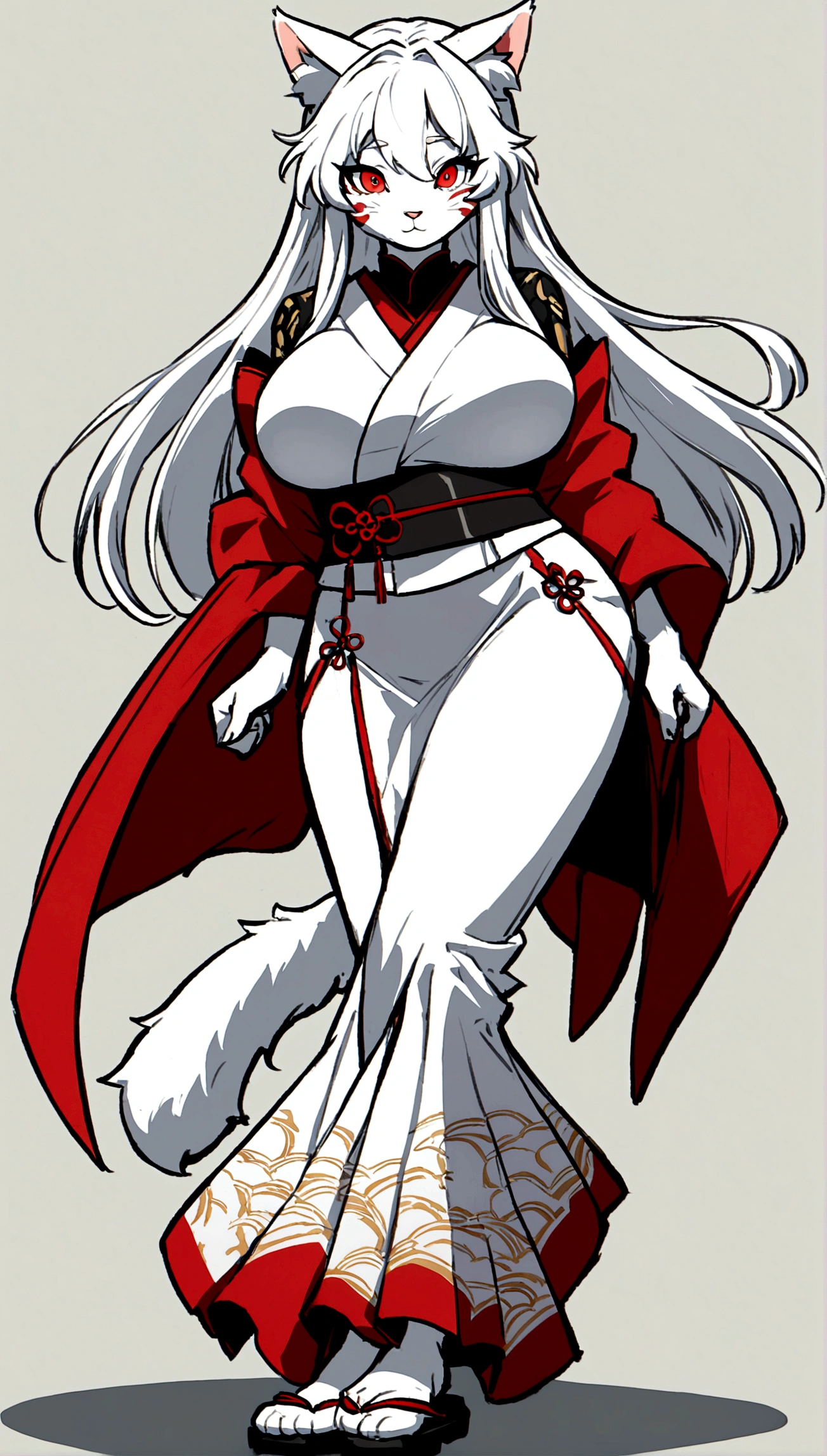 Make a full body character with 2D graphics based on current anime 4k-8k The character is 22 years old. Mature body with big breasts and curves. Eyes red, white cat ears, long white hair down to the ankles. Cat&#39;s furry tail. The outfit is a mix of traditional Japanese kimono, Qipao chines stylized in a cyberpunk way. The colors of the clothes are predominantly white with details of blood red and gold.. With sock 3/4 black and white, sandalhas ninja estilo cyberpunk.