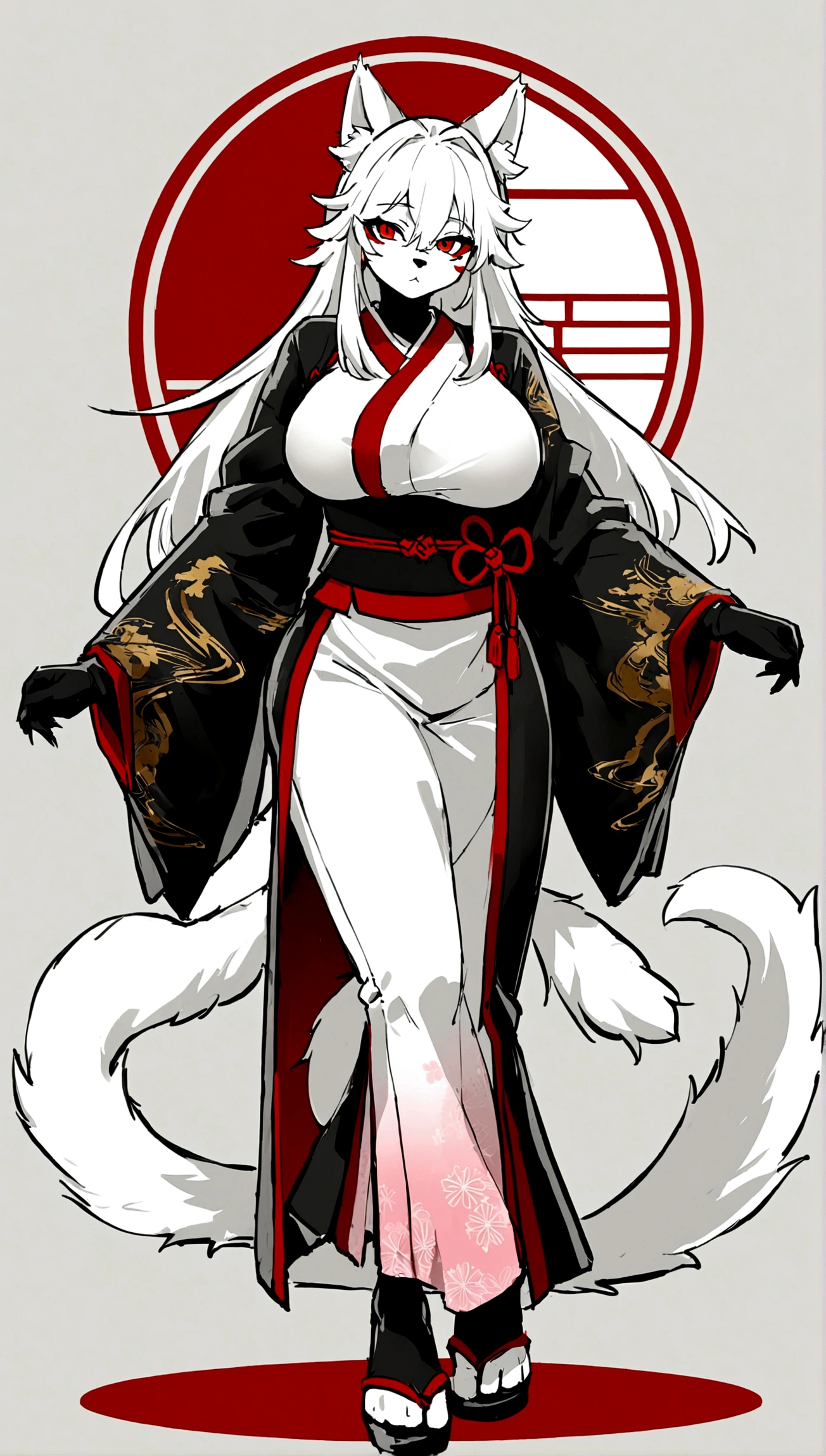 Make a full body character with 2D graphics based on current anime 4k-8k The character is 22 years old. Mature body with big breasts and curves. Eyes red, white cat ears, long white hair down to the ankles. Cat's furry tail. The outfit is a mix of traditional Japanese kimono, Qipao chines stylized in a cyberpunk way. The colors of the clothes are predominantly white with details of blood red and gold.. With sock 3/4 black and white, sandalhas ninja estilo cyberpunk.
