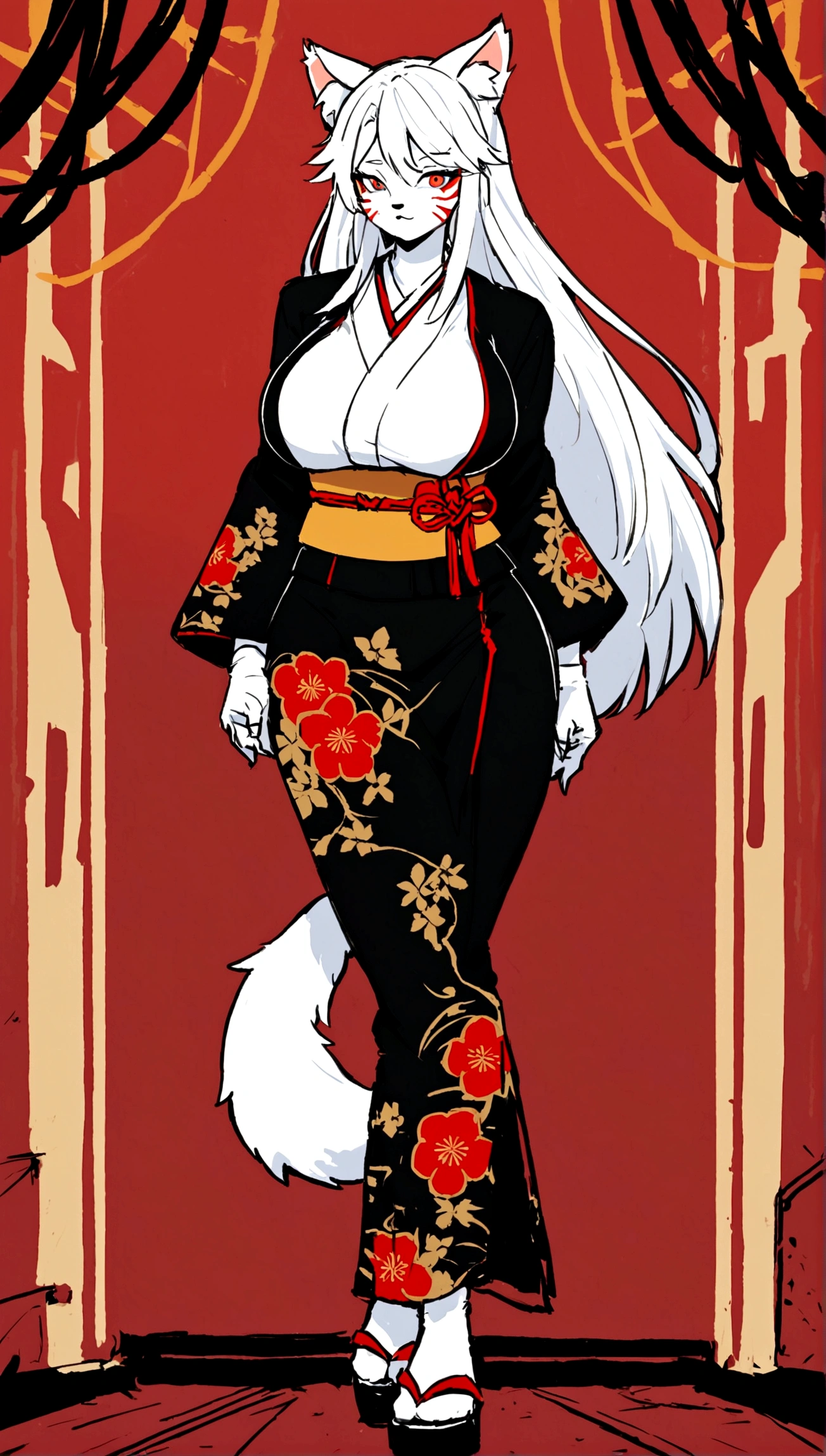Make a full body character with 2D graphics based on current anime 4k-8k The character is 22 years old. Mature body with big breasts and curves. Eyes red, white cat ears, long white hair down to the ankles. Cat&#39;s furry tail. The outfit is a mix of traditional Japanese kimono, Qipao chines stylized in a cyberpunk way. The colors of the clothes are predominantly white with details of blood red and gold.. With sock 3/4 black and white, sandalhas ninja estilo cyberpunk.