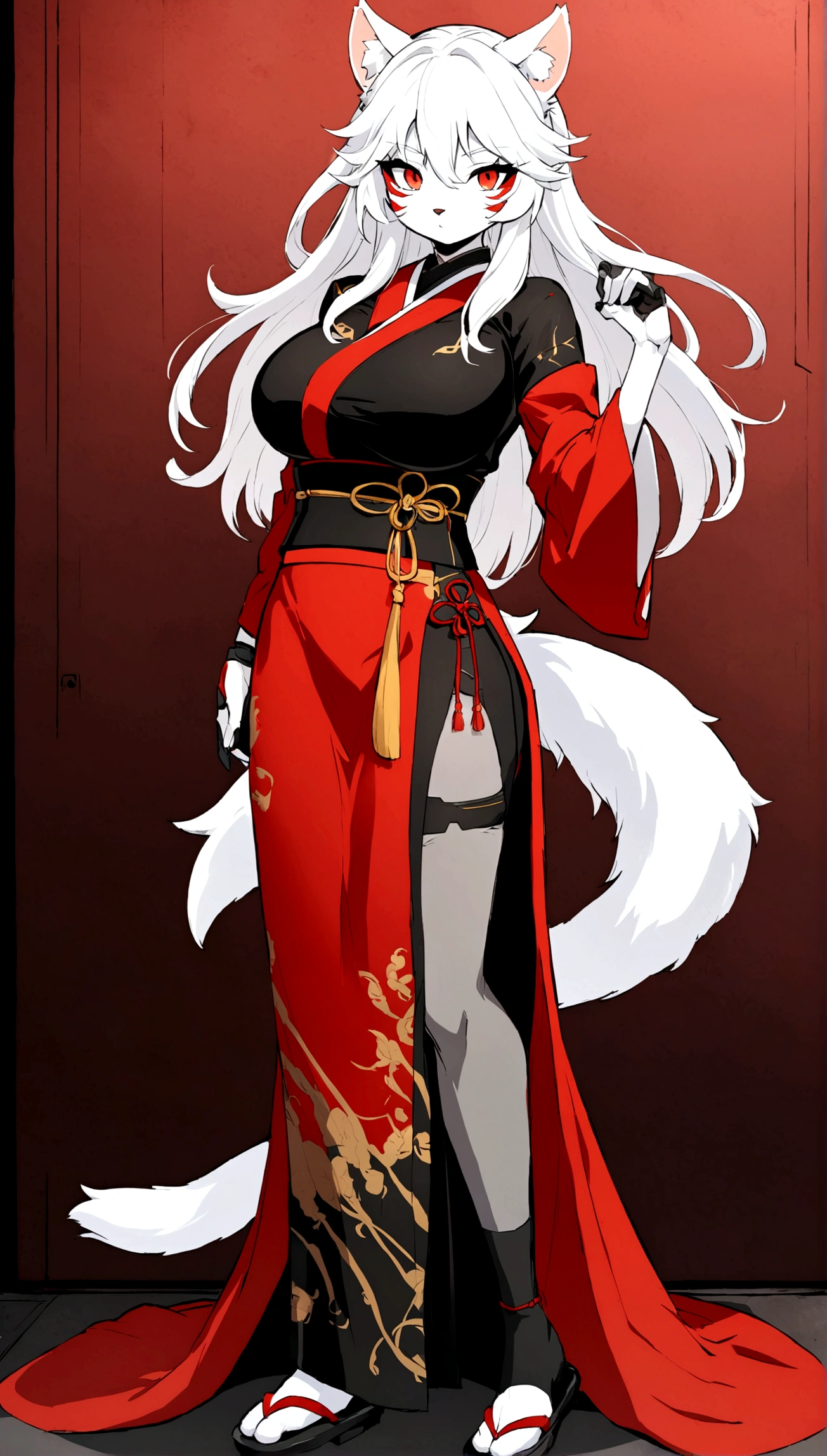 Make a full body character with 2D graphics based on current anime 4k-8k The character is 22 years old. Mature body with big breasts and curves. Eyes red, white cat ears, long white hair down to the ankles. Cat's furry tail. The outfit is a mix of traditional Japanese kimono, Qipao chines stylized in a cyberpunk way. The colors of the clothes are predominantly white with details of blood red and gold.. With sock 3/4 black and white, sandalhas ninja estilo cyberpunk.