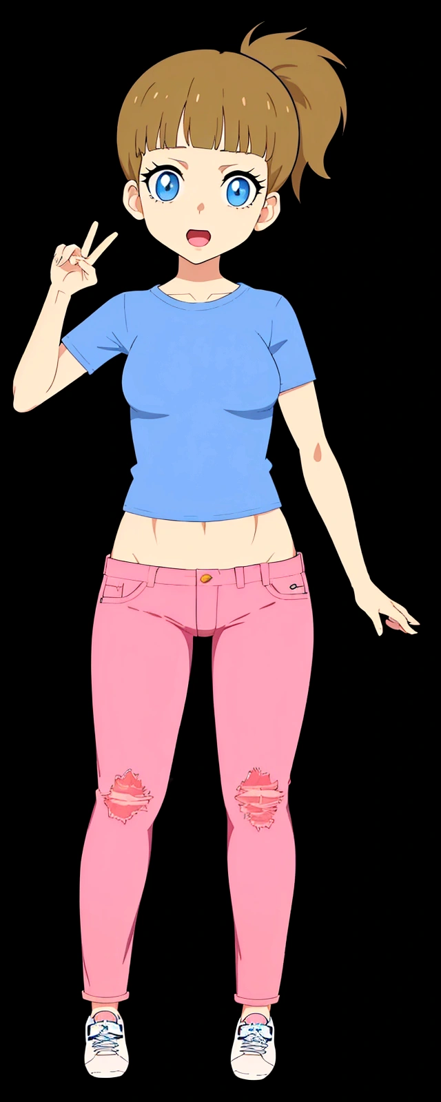 a cartoon girl with a blue shirt and pink pants, anorexic figure, ( ( ( wearing jeans ) ) ), wearing tight simple clothes, female full body, girl standing, full body portrait of a short!, upper body avatar, single character full body, wearing casual clothes, anime full body illustration, wearing pants and a t-shirt, wearing casual clothing