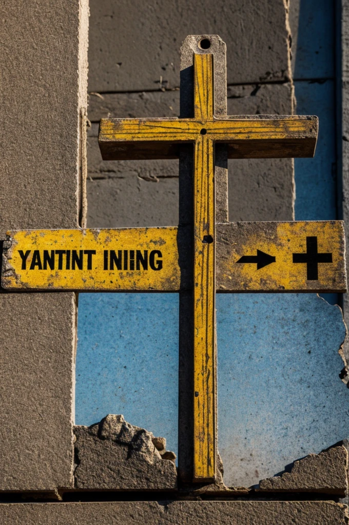 A warning sign with an inverted cross
