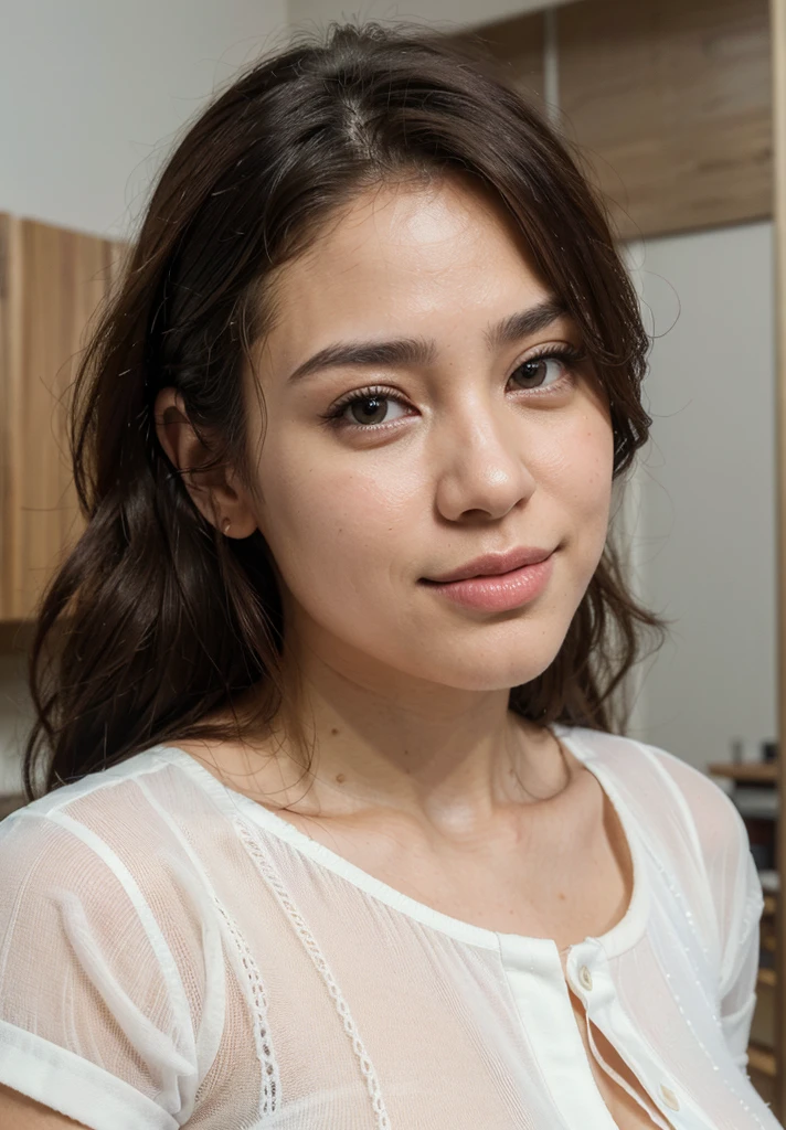 (best quality,8k,highres,masterpiece:1.2), realistic, photorealistic:1.37, UHD, studio lighting, sharp focus, extreme detail description, professional, vivid colors, bokeh, portraits, extremely detailed face texture, beautiful detailed eyes, beautiful detailed lips, extremely detailed hair, dark colored hair, youthful appearance, big round breast, cleavage, proportional eyes, seducing smile, clean and natural face, no makeup, bare face, indonesian face,