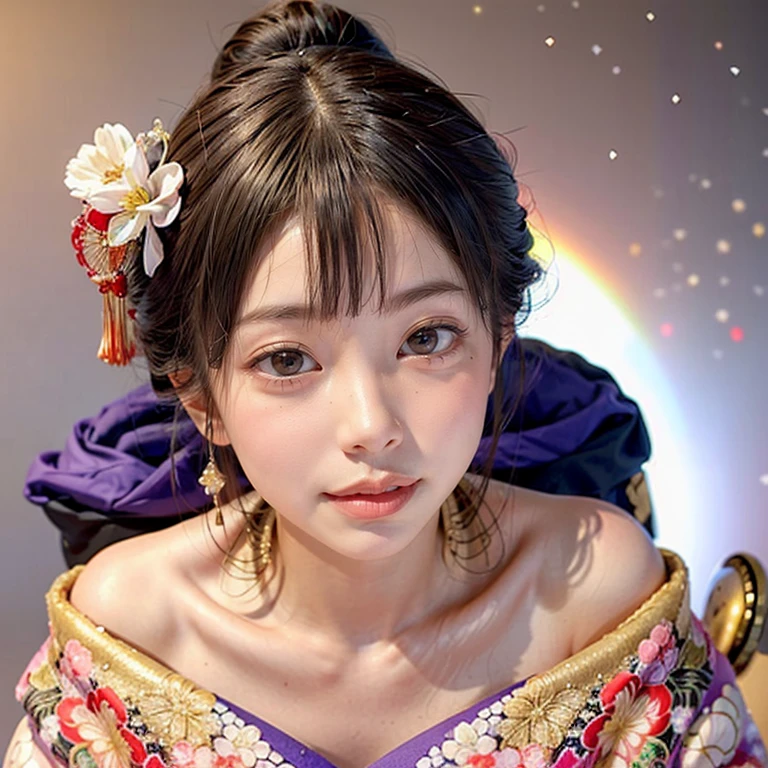 (KIMONO offshoulder flowers hair bun )High-level, 8K Masterpiece TopQuality, Ultra-detailed CG, Absurd detailed wallpaper, PerfectLighting, Extremely detailed (((Personifying " Oiran " as a KAWAII Girl))), Characteristic Items, aesthetic LifeLike Rendering, MysticSight, Haze Tyndall Scattering, (Studio GRAY Background with (Oodles Dazzling RainbowColorParticles (BokeH))), (((Assfocus)) RoundlyButts ThighGap), (Exposed:0.33) 🔞 BREAK (Acutance:0.8), (NOGIZAKA FaceVariations) Extremely Detailed very KAWAII FaceVariations, Childish CaptivatingGaze ElaboratePupils Detailed Eyes with (SparklingHighlights:1.28), (Voluminous LongEyelashes:0.88)、Glossy RedLips with beautiful details, CoquettishTongue, RosyCheeks, Radiant PearlSkin with Transparency, Glowing DowneyHair . { (Dynamic LifeLike expressions:1.4) | (:d) }, (large eyes:-1) .