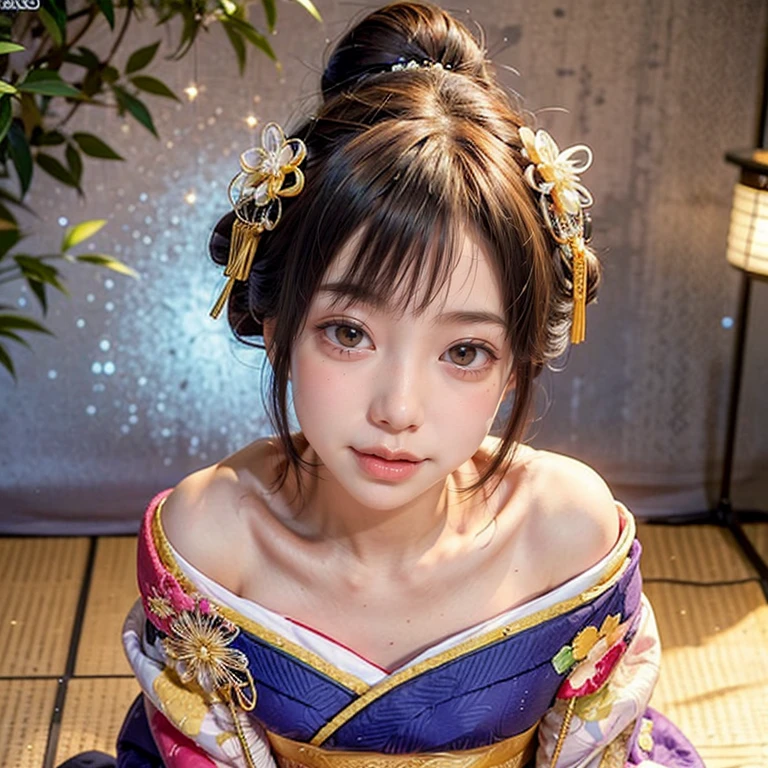 (KIMONO offshoulder flowers hair bun )High-level, 8K Masterpiece TopQuality, Ultra-detailed CG, Absurd detailed wallpaper, PerfectLighting, Extremely detailed (((Personifying " Oiran " as a KAWAII Girl))), Characteristic Items, aesthetic LifeLike Rendering, MysticSight, Haze Tyndall Scattering, (Studio GRAY Background with (Oodles Dazzling RainbowColorParticles (BokeH))), (((Assfocus)) RoundlyButts ThighGap), (Exposed:0.33) 🔞 BREAK (Acutance:0.8), (NOGIZAKA FaceVariations) Extremely Detailed very KAWAII FaceVariations, Childish CaptivatingGaze ElaboratePupils Detailed Eyes with (SparklingHighlights:1.28), (Voluminous LongEyelashes:0.88)、Glossy RedLips with beautiful details, CoquettishTongue, RosyCheeks, Radiant PearlSkin with Transparency, Glowing DowneyHair . { (Dynamic LifeLike expressions:1.4) | (:d) }, (large eyes:-1) .