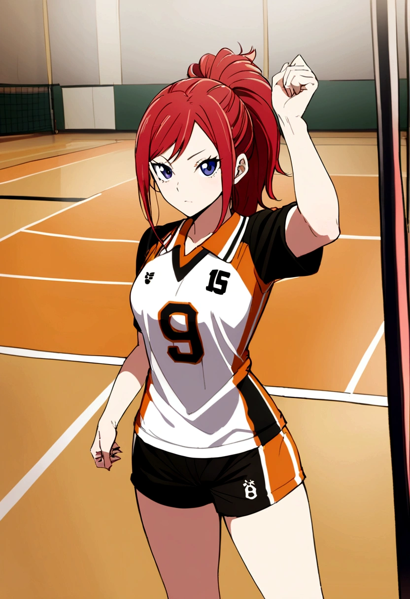 anime girl with red hair and black shirt posing for a picture, Generate an image of Erza Scarlet from 'Fairy Tail' dressed in the Karasuno High School volleyball team uniform from 'Haikyuu!!', complete with the number 1 on her jersey. She should be standing confidently on a volleyball court."