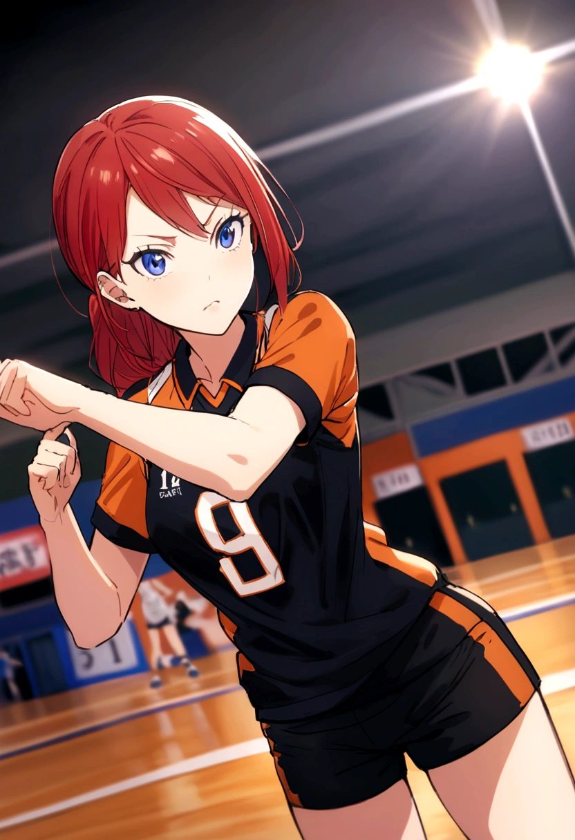 anime girl with red hair and black shirt posing for a picture, Generate an image of Erza Scarlet from 'Fairy Tail' dressed in the Karasuno High School volleyball team uniform from 'Haikyuu!!', complete with the number 1 on her jersey. She should be standing confidently on a volleyball court."