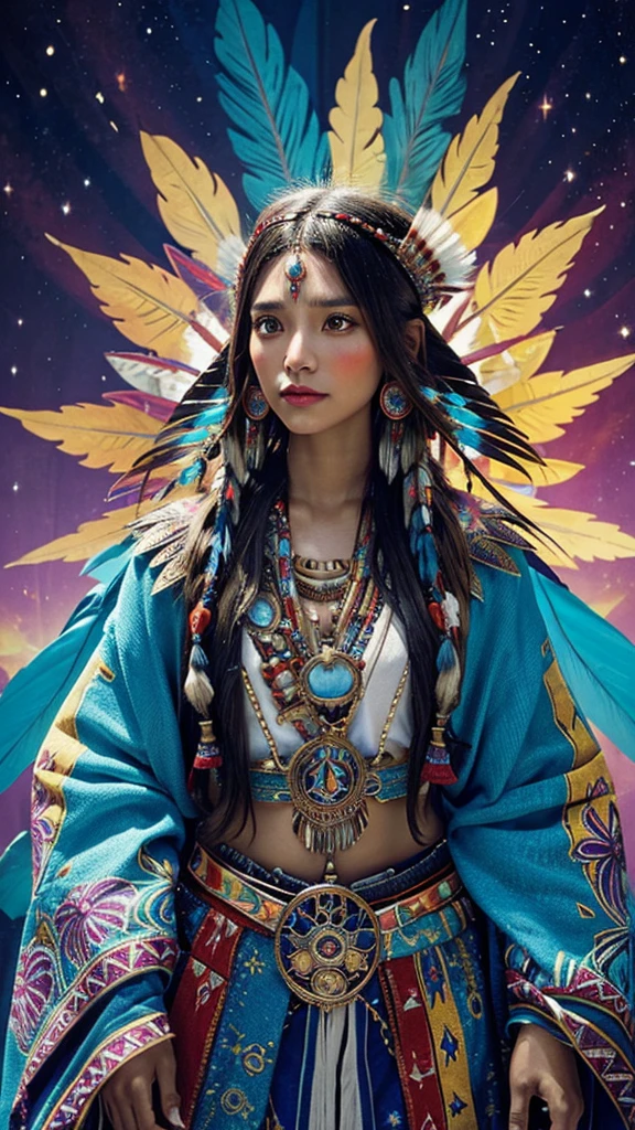 Transport yourself to a world of fantasy and magic with a breathtaking depiction of a Native American shaman princess, adorned with vibrant colors and intricate details, standing tall and proud behind a stunning UHD backdrop.