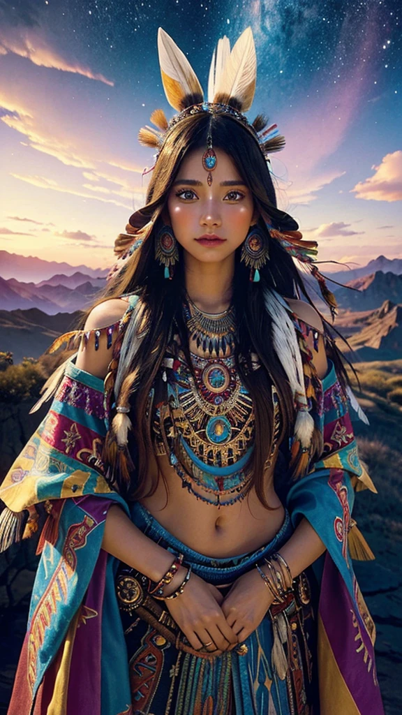 Transport yourself to a world of fantasy and magic with a breathtaking depiction of a Native American shaman princess, adorned with vibrant colors and intricate details, standing tall and proud behind a stunning UHD backdrop.