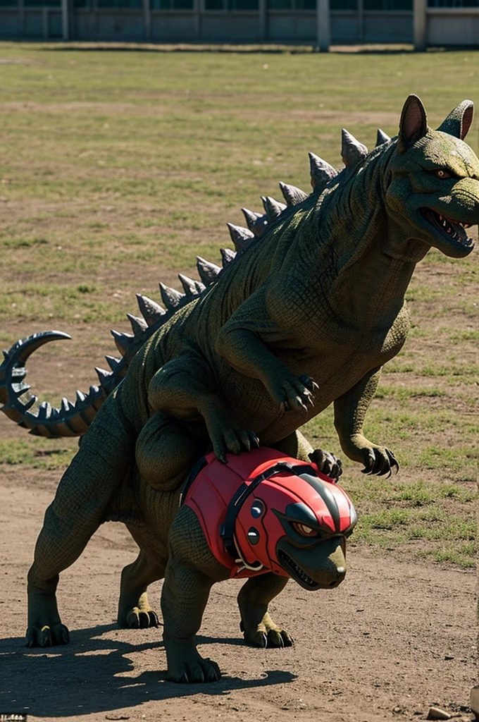A snaucher dog dressed as Godzilla, trying to catch and move the mariposa