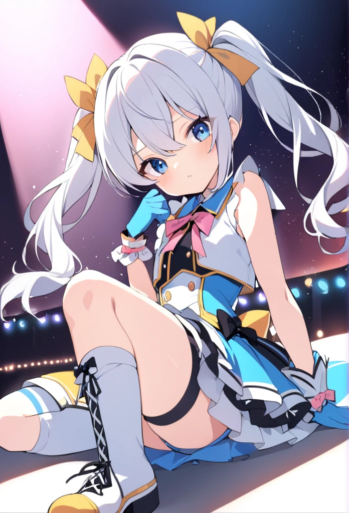 1 girl, cute, young, white hair, twintail, blue eyes, idol costume, thigh high socks, short boots,