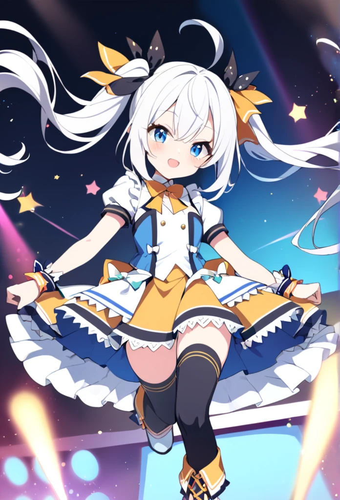 1 girl, cute, young, white hair, twintail, blue eyes, idol costume, thigh high socks, short boots,