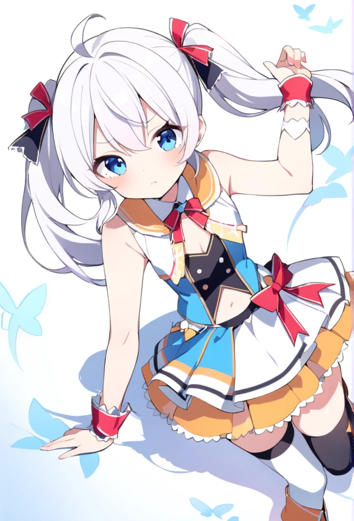1 girl, cute, young, white hair, twintail, blue eyes, idol costume, thigh high socks, short boots,
