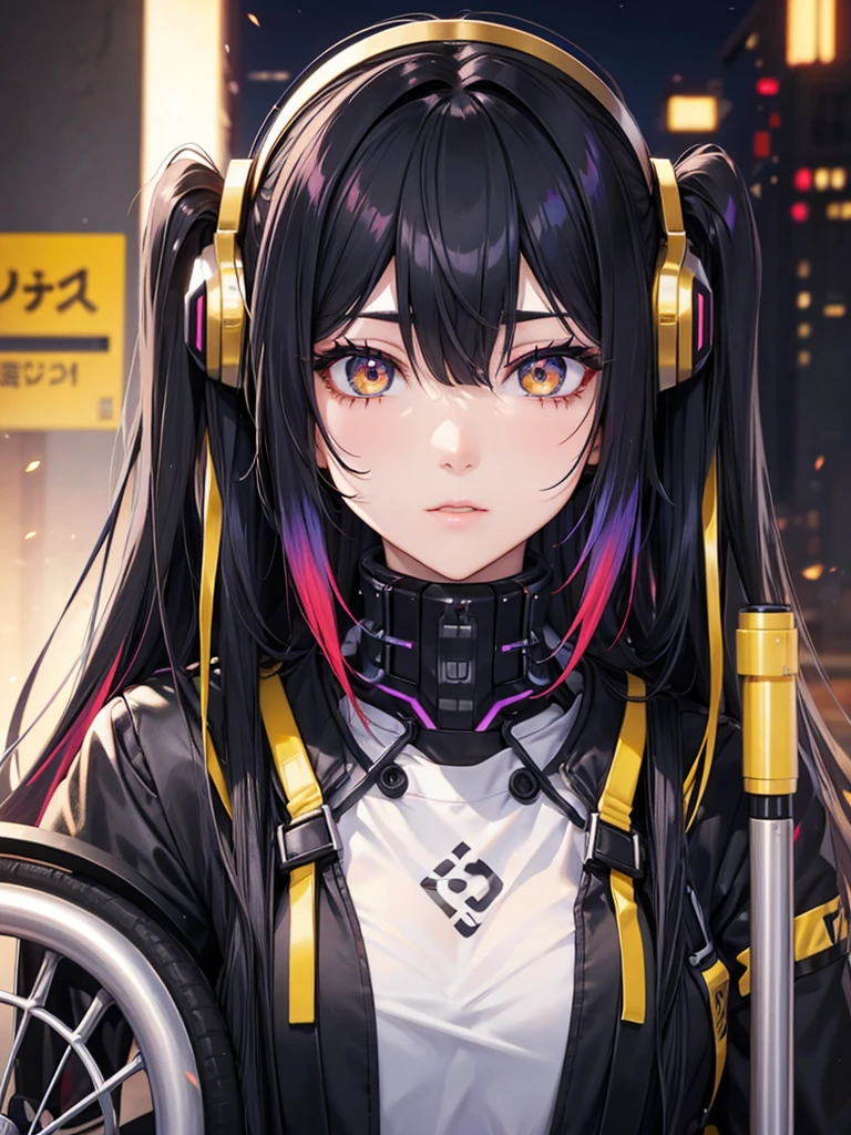 woman、Early 20s、cyber punk、Black Hair、Long Hair、Multicolored Hair、wheelchair、Golden Eyes、Face close-up