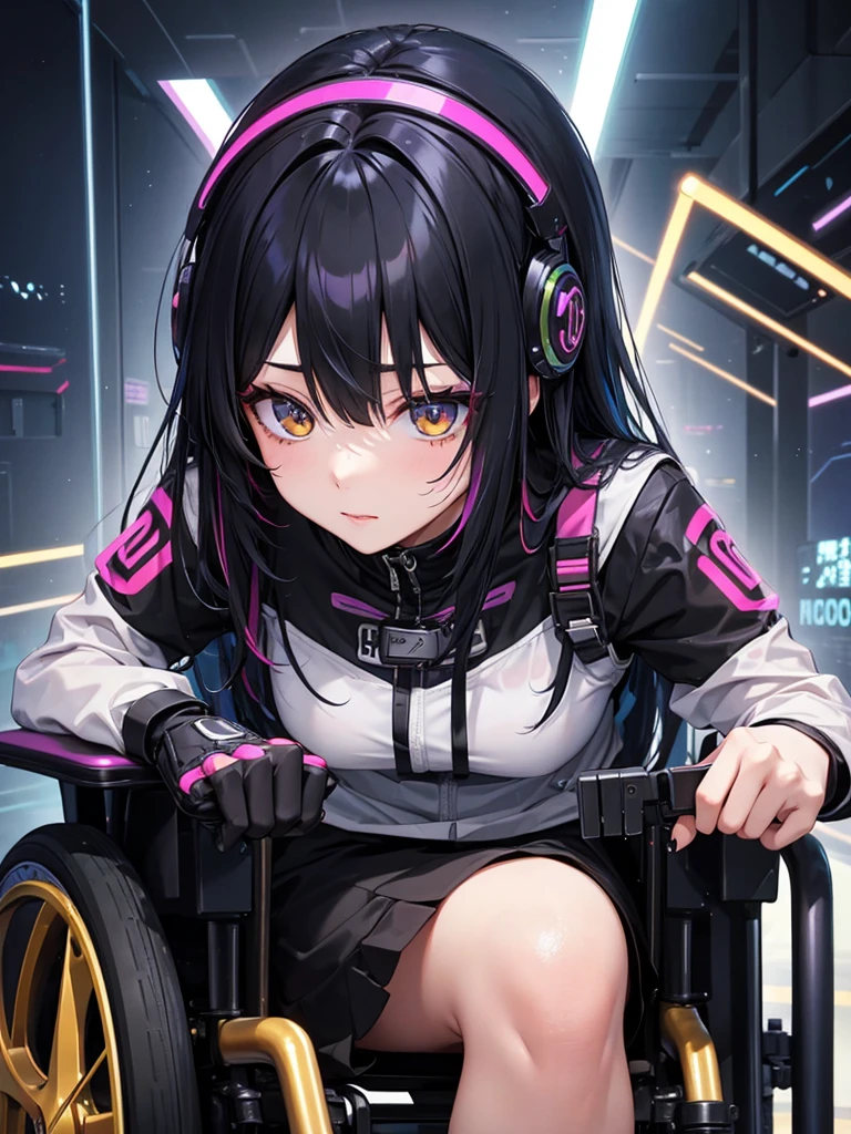woman、Early 20s、cyber punk、Black Hair、Long Hair、Multicolored Hair、wheelchair、Golden Eyes、Face close-up