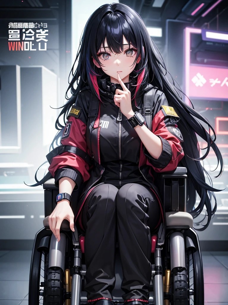 woman、Early 20s、cyber punk、Black Hair、Long Hair、Multicolored Hair、wheelchair、Golden Eyes、Face close-up