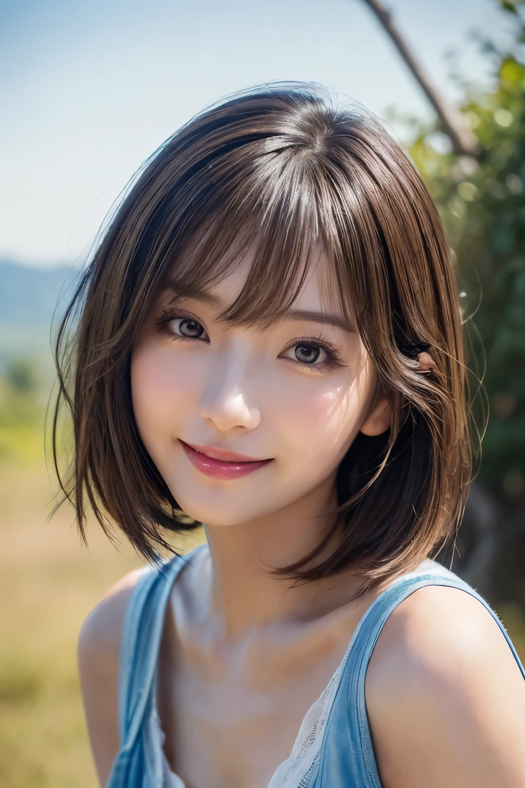(masterpiece:1.2, Highest quality), (beautiful, fine grain: 1.2、beautiful skin、beautiful hair、Good attitude and dignity、beautiful manners、regrettable、beautiful eyes), ((One Woman)), (Light brown eyes:1.4), (Detailed eyes and face:1.3), ((Short Hair Woman)), (beautiful and vivid background:1.2), (Very detailedなCG, Very detailed, Best Shadow:1.1), ((Written boundary depth)), ((watercolor)), beautiful concept shape, (Blue background:0.5), (shape:1.1), (とても素敵でbeautiful:1.1), (Perfect detail:1.1), from the front, Cowboy Shot, scenery 、Listen carefully、長くbeautiful首、Keep your mouth closed and give your viewers a happy smile..