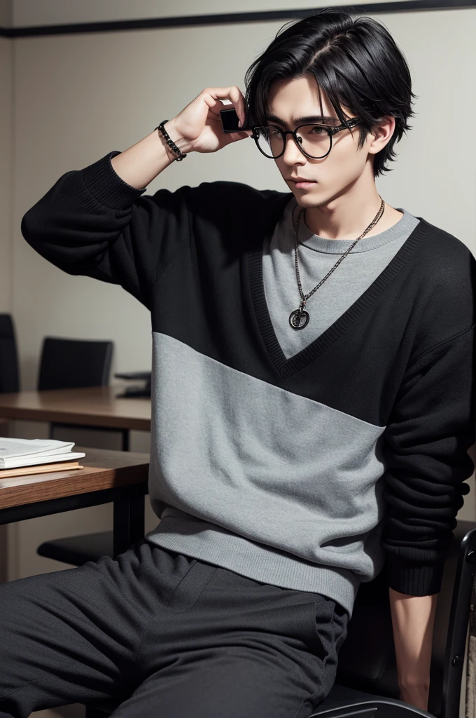 Man with short black messy hair, with round low black glasses, with phone, com camisa black sweater, with chain pants, brawny, アニメ