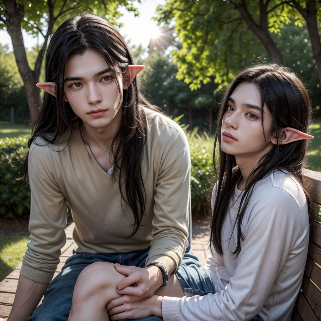 A man in his 20s with long black hair, with an elf-like ear but with realistic details, making a face that shows little feeling, in a sitting pose looking at the sun in front of him