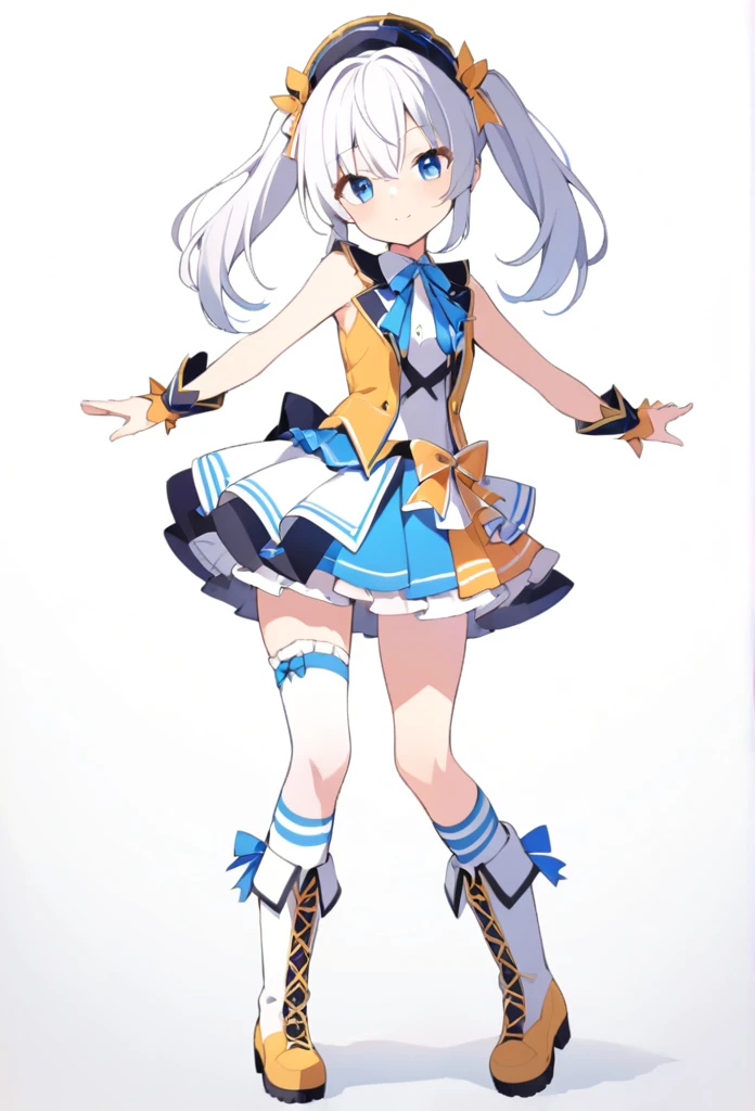 1 girl, cute, young, white hair, twintail, blue eyes, idol costume, thigh high socks, boots,