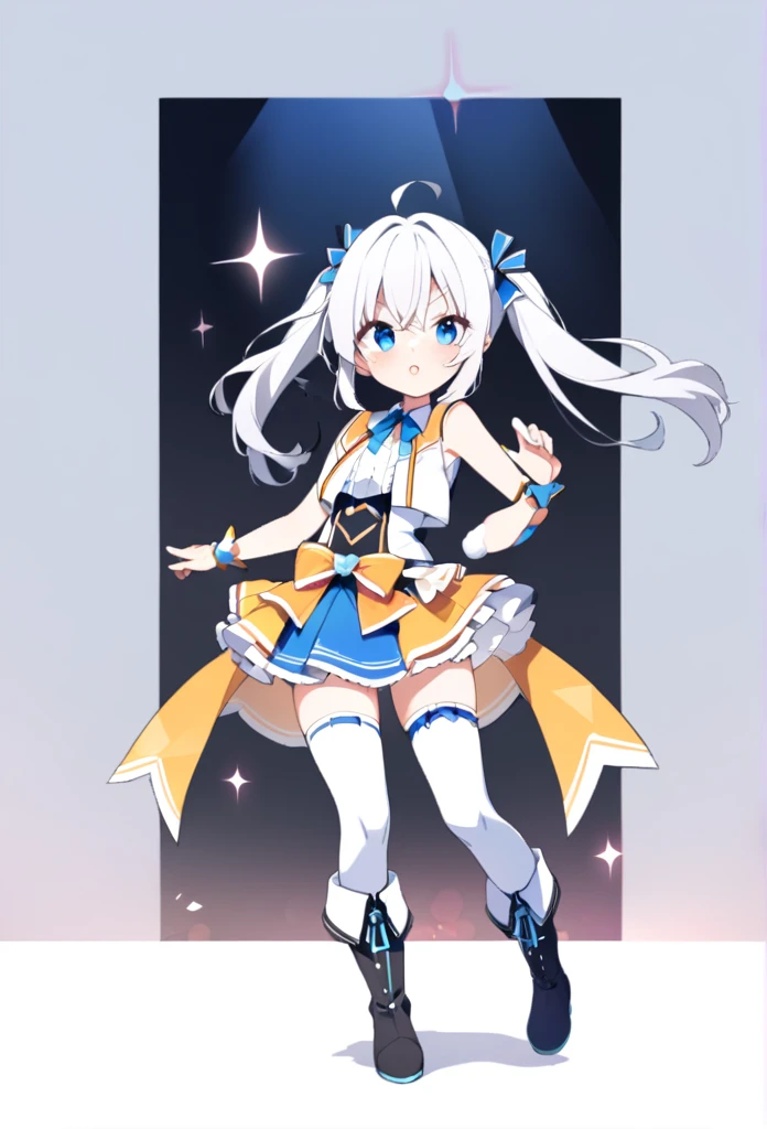 1 girl, cute, young, white hair, twintail, blue eyes, idol costume, thigh high socks, boots,