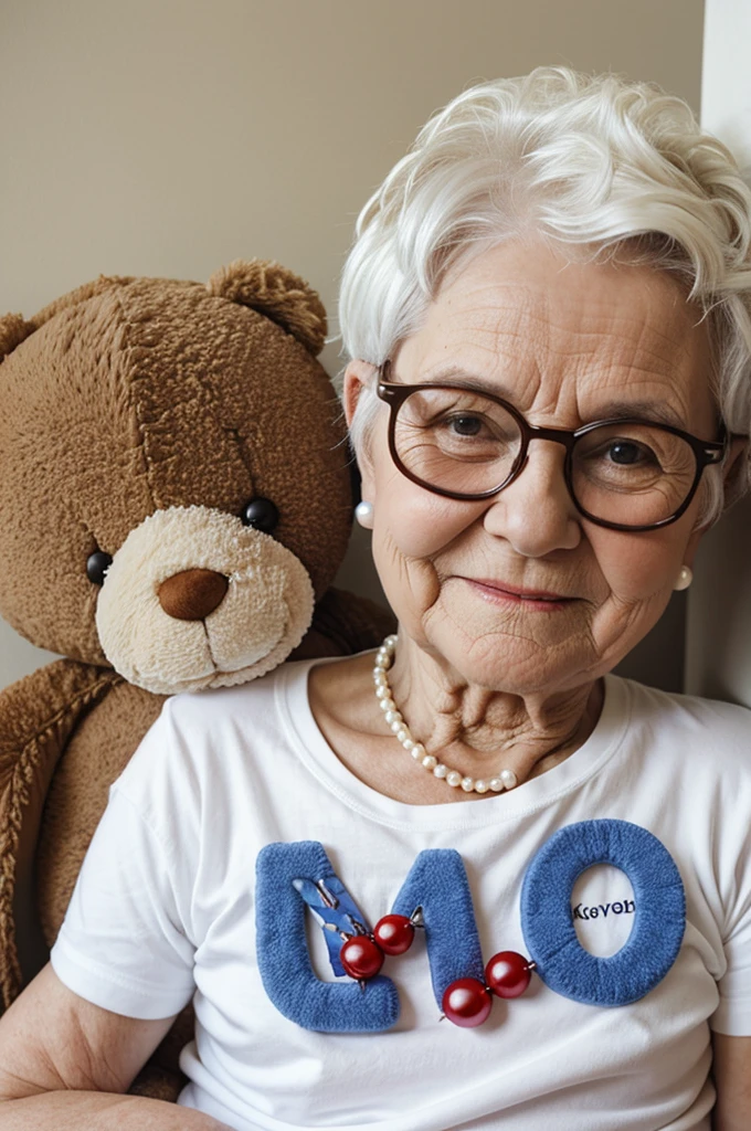 Tender granny character with short white hair, some pearls on the neck, with a white t-shirt that says I love kevincitos, He has white glasses and is hugging many teddy bears that have a letter K on their belly.