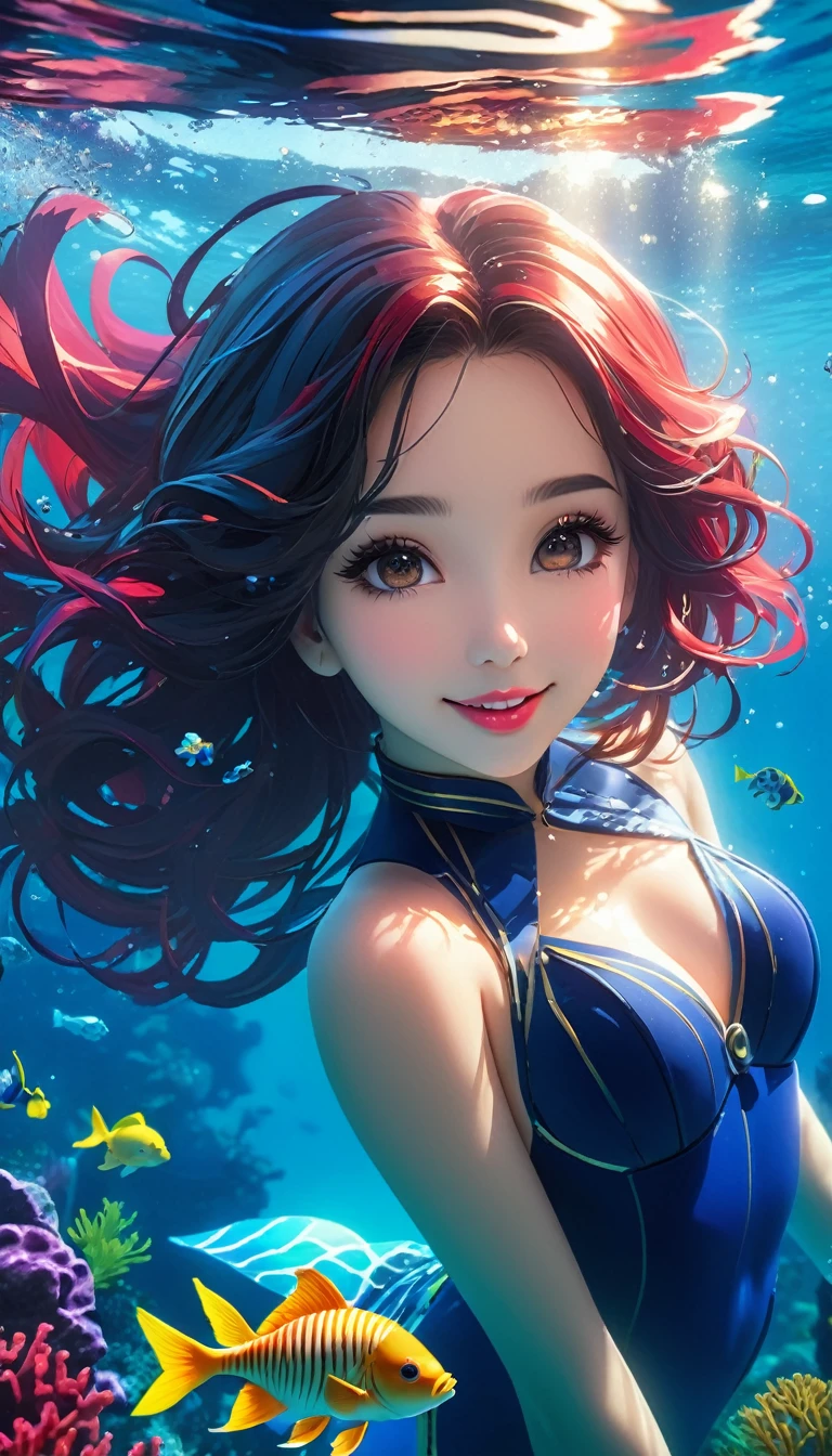 (Masterpiece: 1.2), exquisite and detailed, 4k: 1.2, 8k: 1.2, high resolution: 1.2, Vtuber Shylily, full body, swimming and posing for photo, immersed in an enchanting underwater world, underwater scene recreated with details of high fidelity, HD wallpaper, highly detailed environments, cinematic lighting that accentuates beauty, detailed and expressive eyes, capturing the essence of Shylily's unique charm, beautiful detailed lips and a radiant and captivating smile, making this an unforgettable moment
