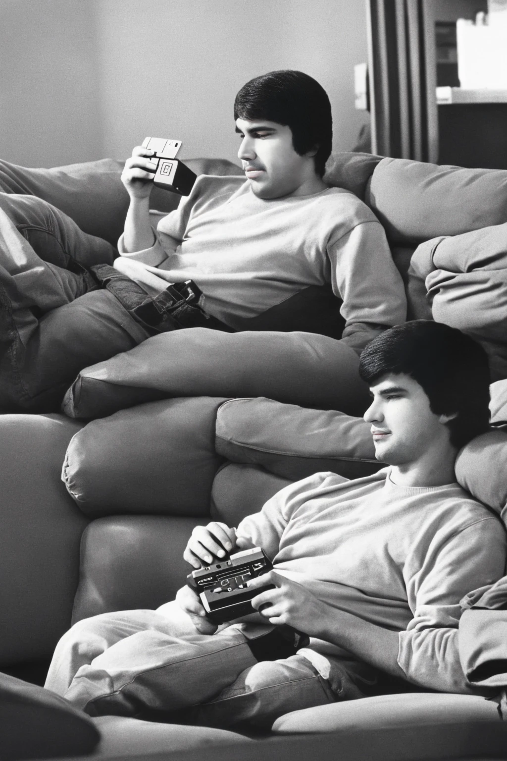 a man sitting on a couch, playing a Nintendo video game, 1980s, nostalgic, living room interior, retro aesthetic, warm lighting, film grain, detailed facial features, expressive hands, relaxed pose, 80s atmosphere, vintage video game console, classic Nintendo controller, Saturday morning, 