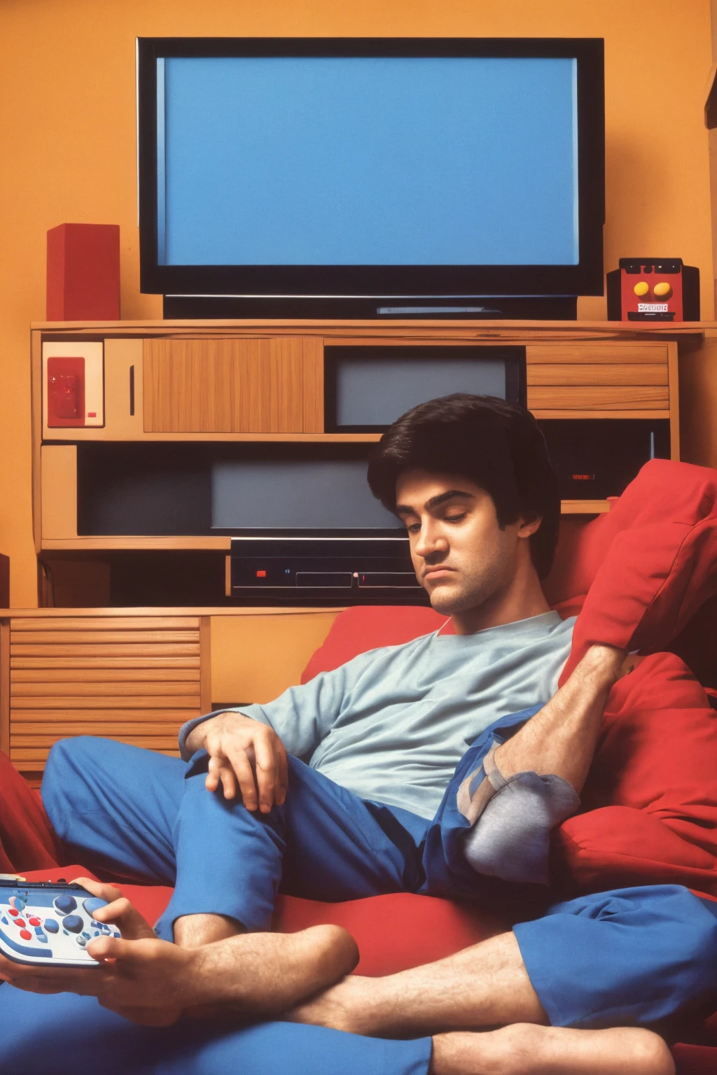 a man sitting on a couch, playing a Nintendo video game, 1980s, nostalgic, living room interior, retro aesthetic, warm lighting, film grain, detailed facial features, expressive hands, relaxed pose, 80s atmosphere, vintage video game console, classic Nintendo controller, Saturday morning, 