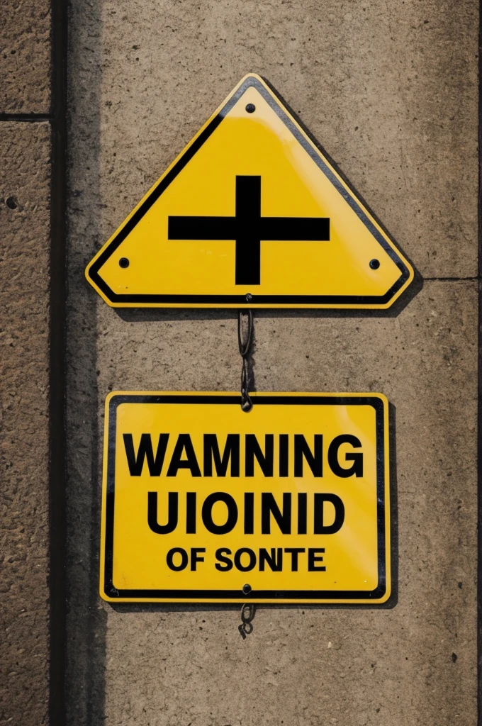 A warning sign and on the sign there is an upside down Cross drawn 