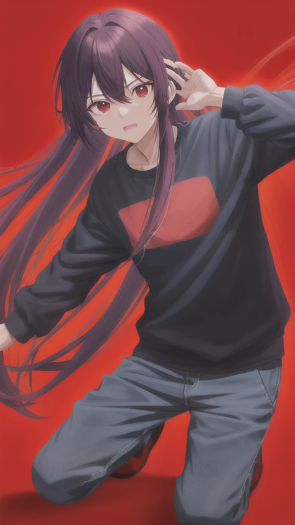 Create a Suguru Geto style male character, with long hair, Eyes red, wearing a blue long-sleeved shirt with no details, and matching pants. ((artistry)), ((best qualityer)), Surround him with a black aura and highlight the red background around the aura. Add various shadowy creatures to the background. ((horor)), ((アニメ))
