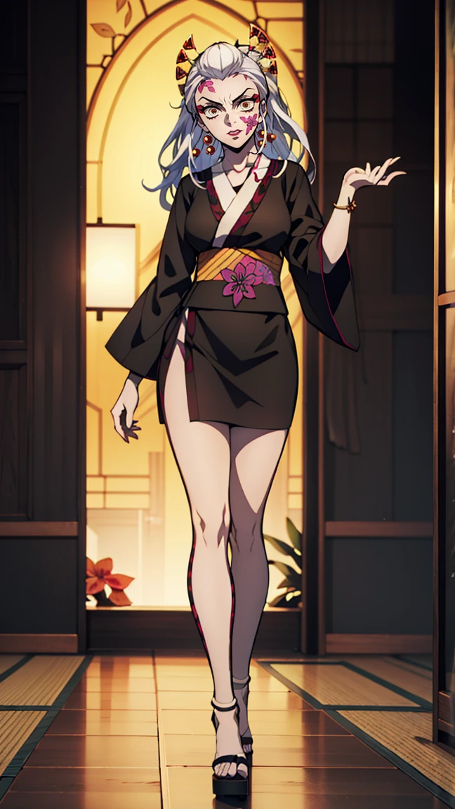 One Demon Girl, looks at the camera, Portrait of a girl, Beautiful waist, night, ancient japan, very sexy, grin, fangs обножены,  mouth open, fangs, smile, White hair, erotica, very sexy, beautiful body is completely visible, masterpiece, Best quality, full length (Full body 1.1.), Beautiful waist, good feet, high quality, long hair, White hair.  Highly detailed face, depth of field, HDR, very detailed, ray tracing, whole body, dark fantasy, Demon&#39;s tattoo, very beautiful, Beautiful ., 1 girl, solo, I look at the viewer, black hair, hair ornament, jewelry, closed mouth, green eyes, yellow eyes, japanese clothes, kimono, draw up, pomade, slit pupils, Brilliant eyes, wicked, Red lips, hair stick