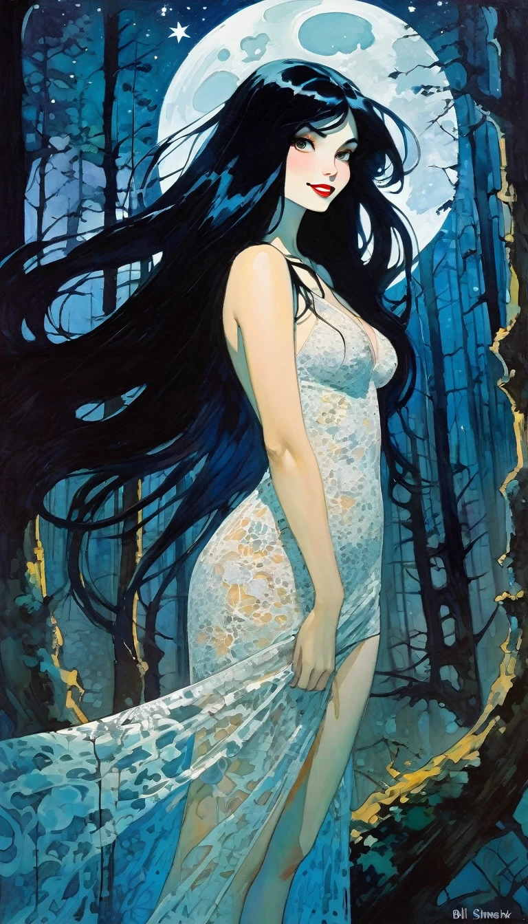 magical girl, very long black hair, very sexy lace dress, naked sinister forest, magic, fantastic, night sky, moons, stars, background, nsfw, face full week, week in face, week in body, all week full, smile, (art inspired by Bill Sienkiewicz). oil painting)
