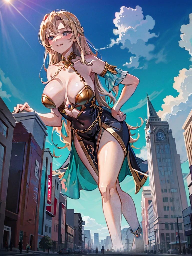 Valeria, a titanic 58-meter goddess, rises from a cliff at dawn, her bronze skin glistening in the first rays of the sun. Her golden, wavy hair cascades down her back and shoulders. Standing on a vast plain, her posture is firm and provocative, one leg slightly forward and one hand resting on her hip. Her piercing, lustful eyes watch the people at her feet, captivated by her magnetic presence. Her lips curl into a seductive smile and her divinely sculpted body exudes an aura of overwhelming eroticism, casting a spell of desire and adoration over all who gaze upon her.